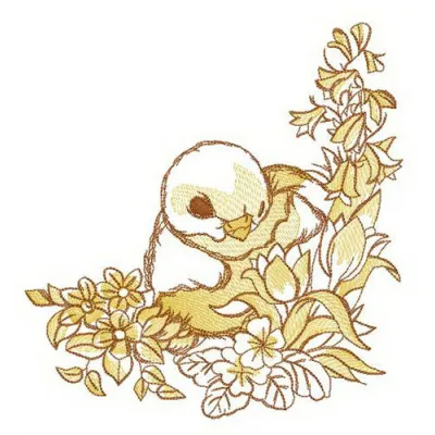 Nestling embroidery design featuring adorable baby birds among floral elements, perfect for stitching on t-shirts and towels.
