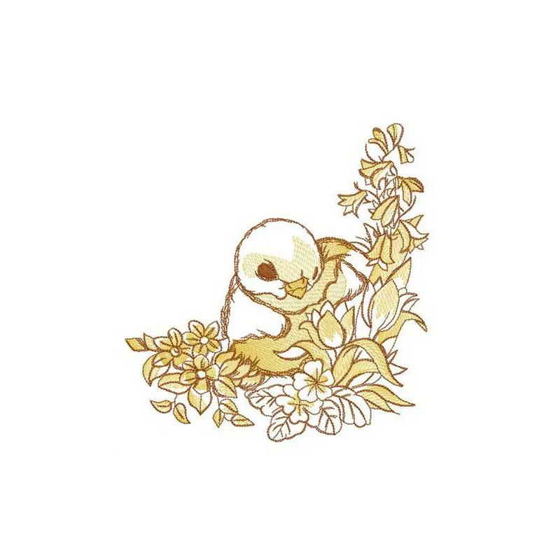 Nestling embroidery design featuring adorable baby birds among floral elements, perfect for stitching on t-shirts and towels.