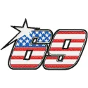 Embroidery design of Nicky Hayden's Kentucky Kid MotoGP #69 logo, showcasing vibrant stitching patterns.