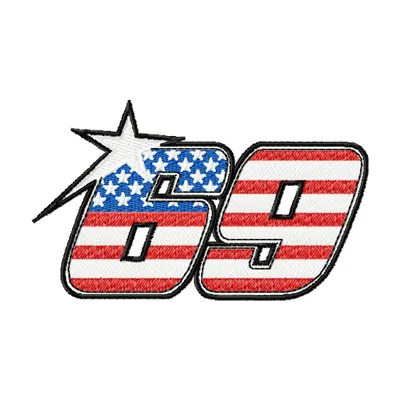Embroidery design of Nicky Hayden's Kentucky Kid MotoGP #69 logo, showcasing vibrant stitching patterns.
