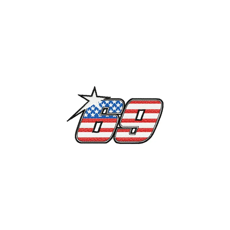 Embroidery design of Nicky Hayden's Kentucky Kid MotoGP #69 logo, showcasing vibrant stitching patterns.