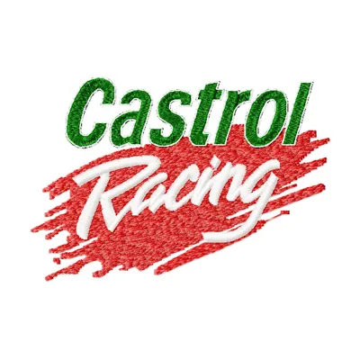 Castrol racing logo embroidery design showcased on an auto-themed project, perfect for motorsport enthusiasts.