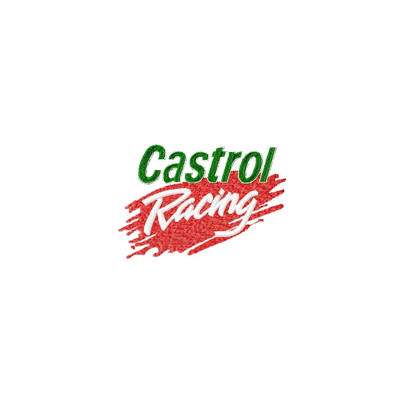 Castrol racing logo embroidery design showcased on an auto-themed project, perfect for motorsport enthusiasts.