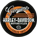 Harley Davidson Record logo embroidery design showcased on a black fabric, ideal for auto and moto enthusiasts.
