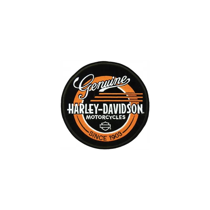 Harley Davidson Record logo embroidery design showcased on a black fabric, ideal for auto and moto enthusiasts.