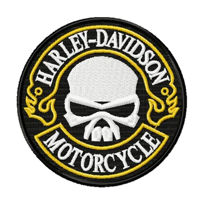 Harley Davidson round patch embroidery design for auto and moto enthusiasts, showcasing intricate stitching details.