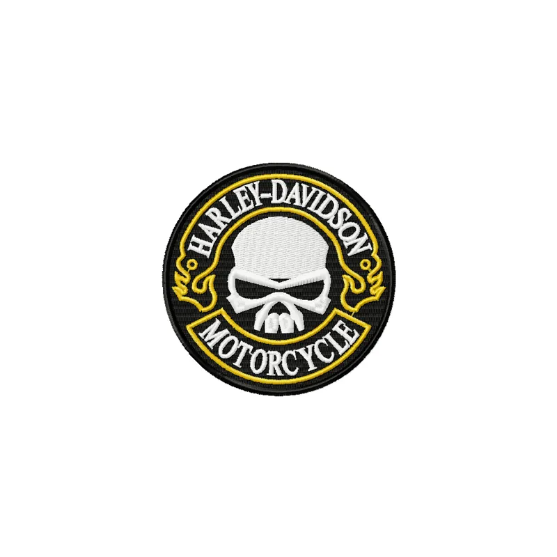 Harley Davidson round patch embroidery design for auto and moto enthusiasts, showcasing intricate stitching details.