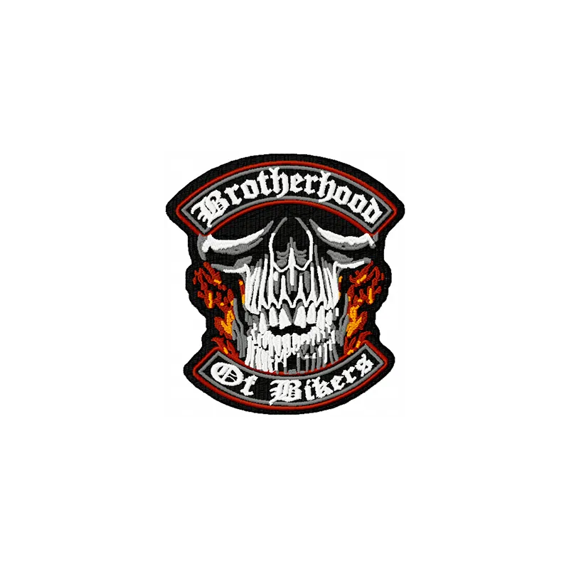 Brotherhood of Bikers patch embroidery design showcasing a bold and intricate stitched motif for motorcycle enthusiasts.