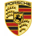 Porsche logo embroidery design showcased on a classic denim jacket, highlighting intricate stitching details.