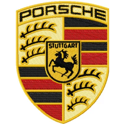 Porsche logo embroidery design showcased on a classic denim jacket, highlighting intricate stitching details.