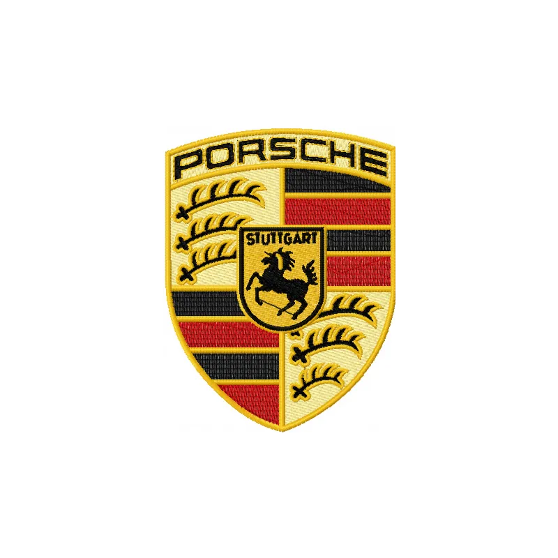 Porsche logo embroidery design showcased on a classic denim jacket, highlighting intricate stitching details.