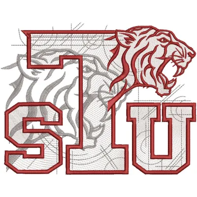 Embroidery design preview of the Texas Southern Tigers custom logo, showcasing vibrant colors and detailed stitching.