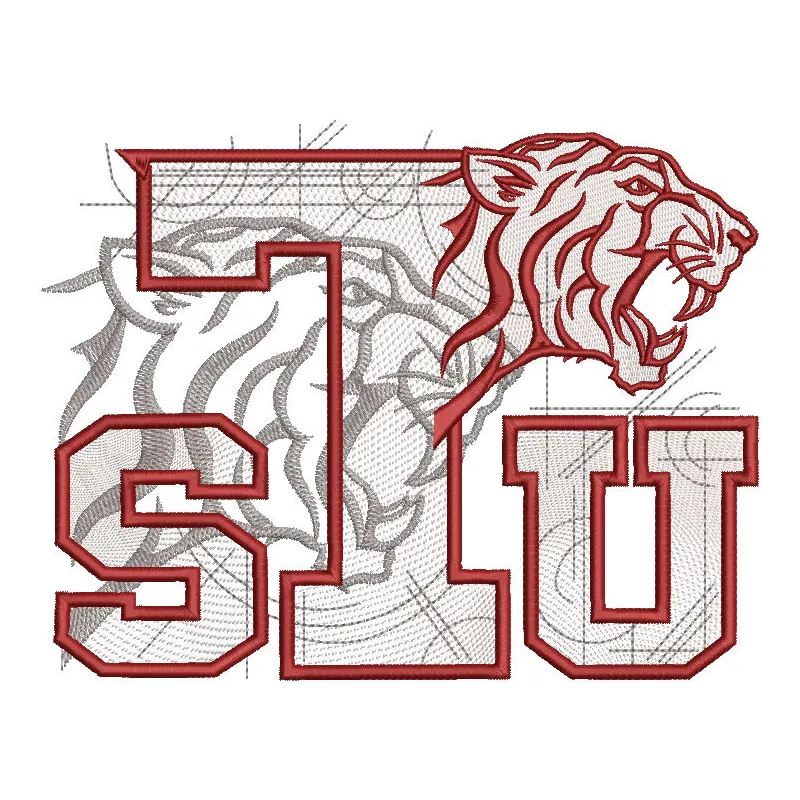 Embroidery design preview of the Texas Southern Tigers custom logo, showcasing vibrant colors and detailed stitching.