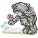Teddy bear collects flowers embroidery design showcasing a charming stitched motif for adorable projects.