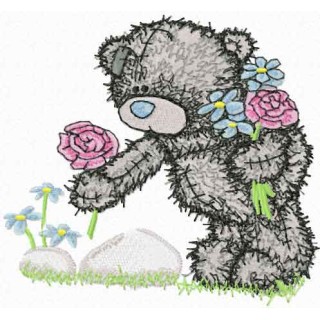 Teddy bear collects flowers embroidery design - Embroidery Design