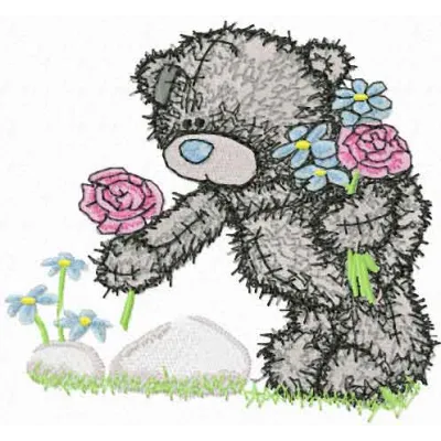 Teddy bear collects flowers embroidery design showcasing a charming stitched motif for adorable projects.