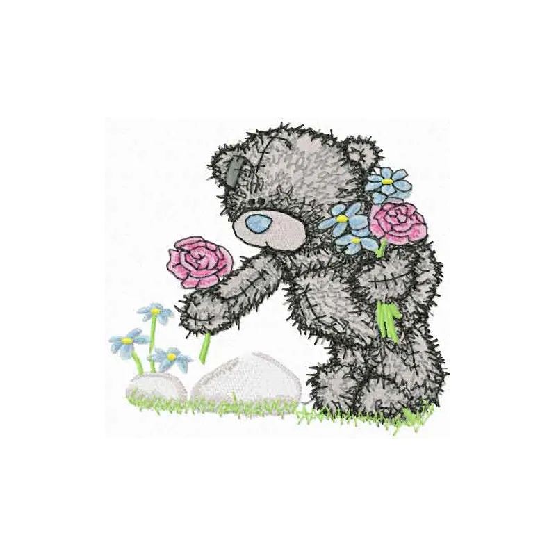 Teddy bear collects flowers embroidery design showcasing a charming stitched motif for adorable projects.
