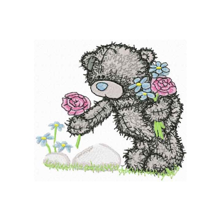 Teddy bear collects flowers embroidery design - Embroidery Design