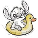 Embroidery design preview of Stitch riding a rubber duck in vibrant colors and detailed stitching.