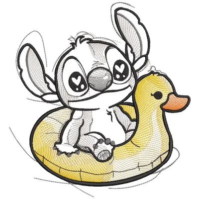 Embroidery design preview of Stitch riding a rubber duck in vibrant colors and detailed stitching.