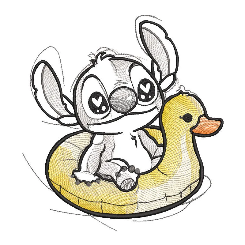 Embroidery design preview of Stitch riding a rubber duck in vibrant colors and detailed stitching.