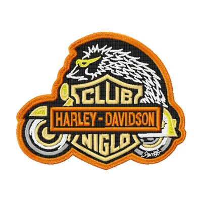 Niglo Harley Davidson Club logo embroidery design preview showcasing a bold stitched motif for auto and moto enthusiasts.