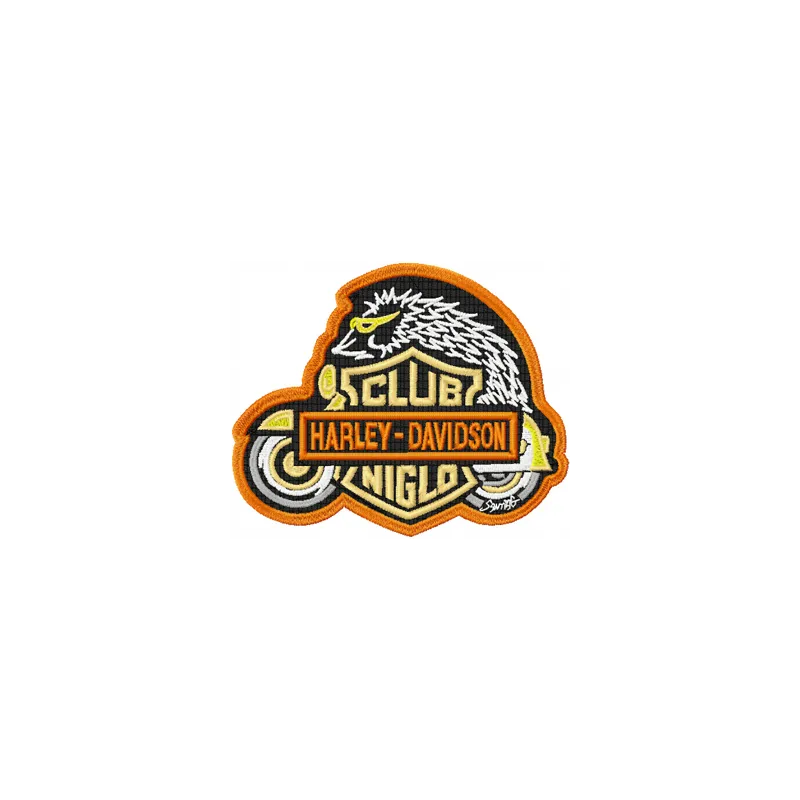 Niglo Harley Davidson Club logo embroidery design preview showcasing a bold stitched motif for auto and moto enthusiasts.