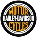 Harley Davidson patch logo embroidery design showcased on a denim jacket, featuring intricate stitching details.