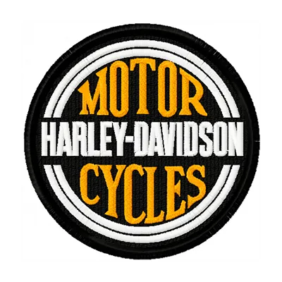 Harley Davidson patch logo embroidery design showcased on a denim jacket, featuring intricate stitching details.