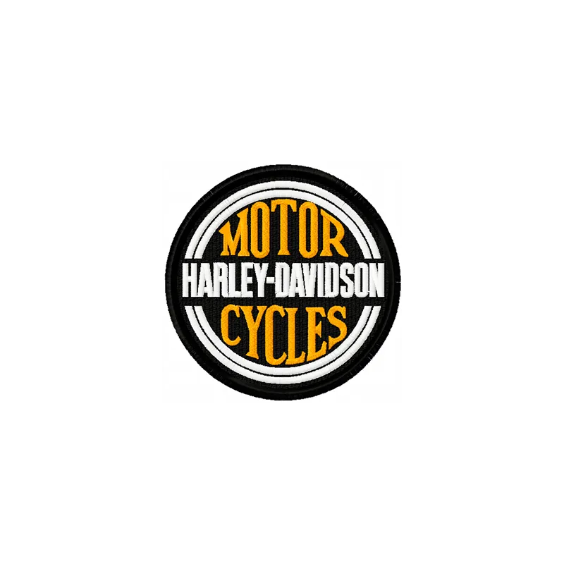Harley Davidson patch logo embroidery design showcased on a denim jacket, featuring intricate stitching details.