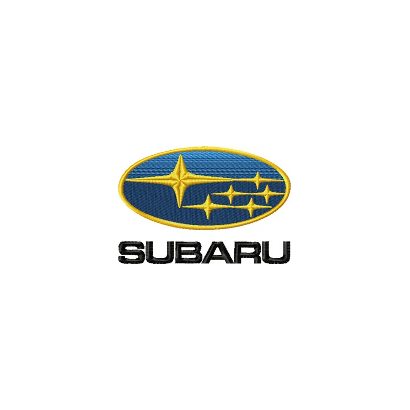 Subaru logo embroidery design showcased on fabric, perfect for auto enthusiasts and stitching on various items.