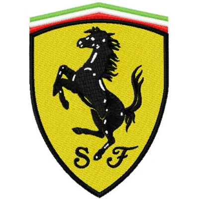 Ferrari logo embroidery design showcased on a vibrant background, ideal for stitching on apparel or accessories.