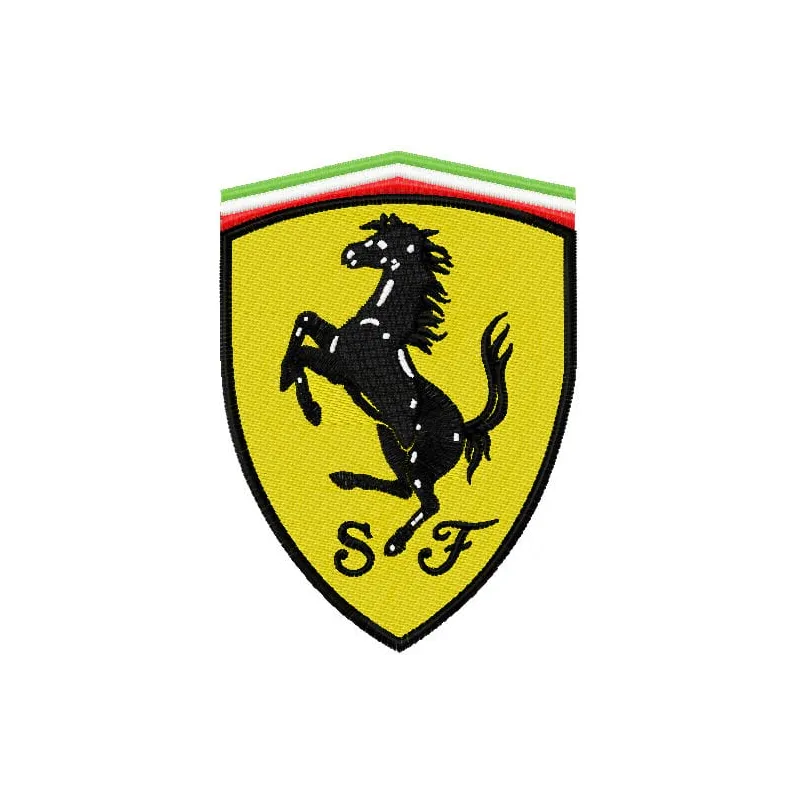 Ferrari logo embroidery design showcased on a vibrant background, ideal for stitching on apparel or accessories.