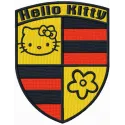 Hello Kitty Porsche embroidery design showcased on a fabric, featuring the iconic character with a sporty car motif.
