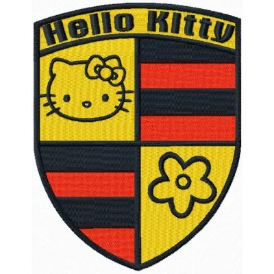Hello Kitty Porsche embroidery design showcased on a fabric, featuring the iconic character with a sporty car motif.