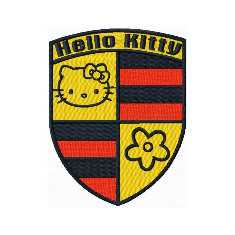 Hello Kitty Porsche embroidery design showcased on a fabric, featuring the iconic character with a sporty car motif.