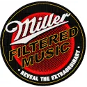 Miller filtered music logo embroidery design showcased on fabric, ideal for beverage-themed projects.