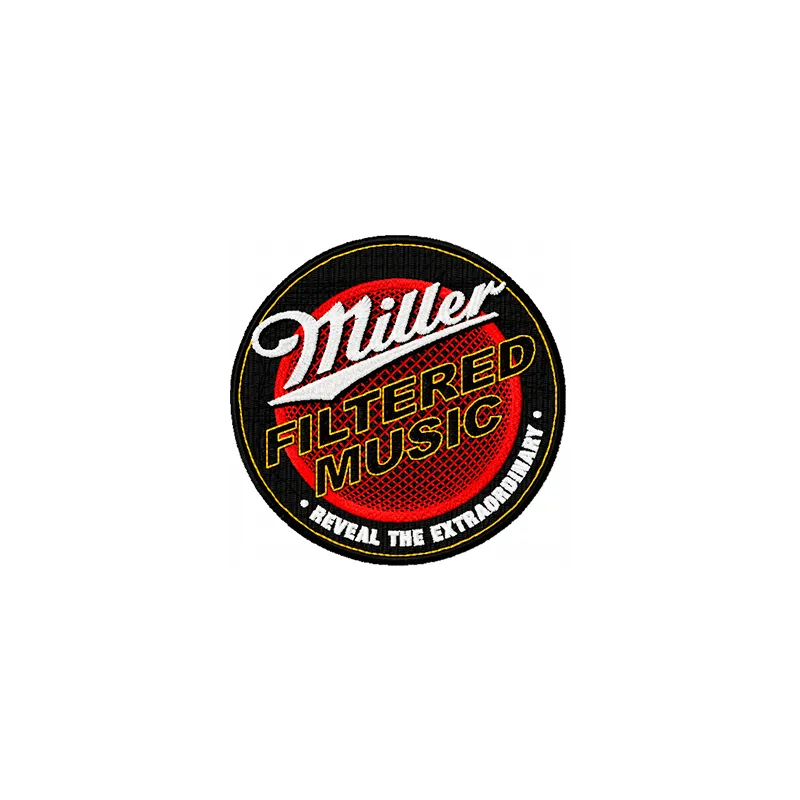 Miller filtered music logo embroidery design showcased on fabric, ideal for beverage-themed projects.