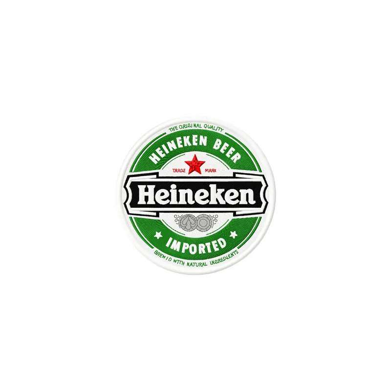 Heineken Beer round logo embroidery design, showcasing a vibrant stitched motif for drink-themed projects.