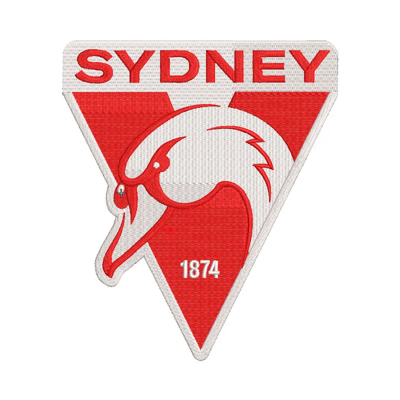 Sydney Swans Logo embroidery design preview showcasing vibrant colors and detailed stitching pattern.