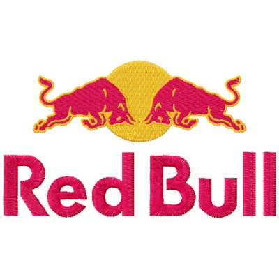 Red Bull logo embroidery design preview showcasing intricate stitching patterns on fabric.