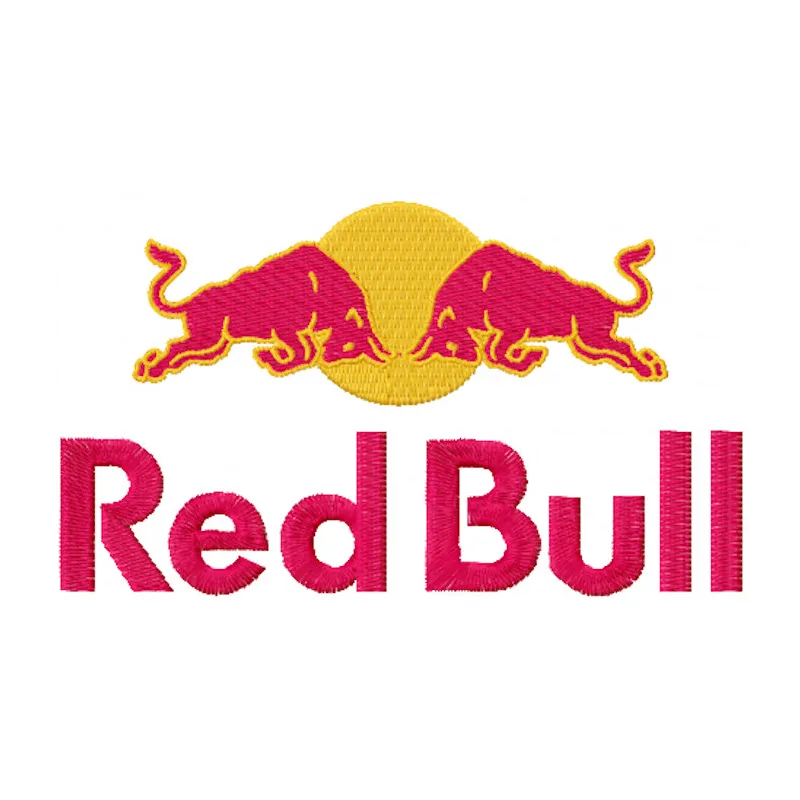 Red Bull logo embroidery design preview showcasing intricate stitching patterns on fabric.