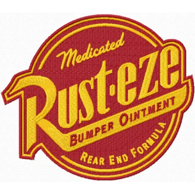 Rust-eze logo embroidery design showcased on a fabric, ideal for car enthusiasts and stitching on apparel.