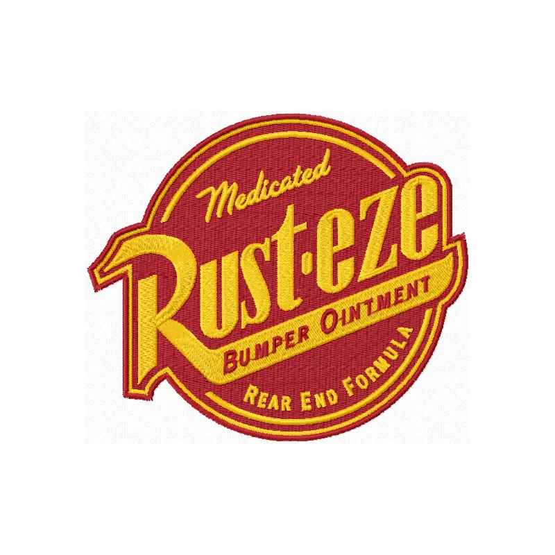 Rust-eze logo embroidery design showcased on a fabric, ideal for car enthusiasts and stitching on apparel.