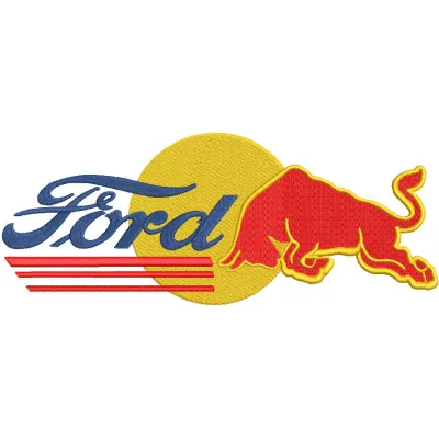 Embroidery design preview of a Ford red bull pattern featuring vibrant colors and detailed stitching.