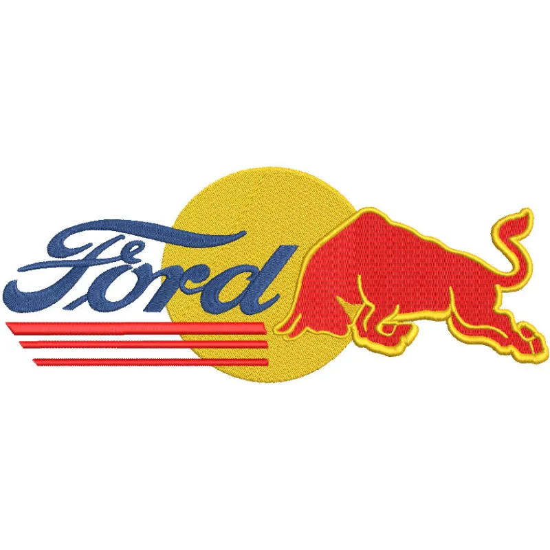 Embroidery design preview of a Ford red bull pattern featuring vibrant colors and detailed stitching.