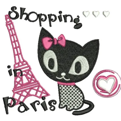 Shopping in Paris 2 embroidery design featuring Hello Kitty in a stylish Parisian setting, ideal for various projects.