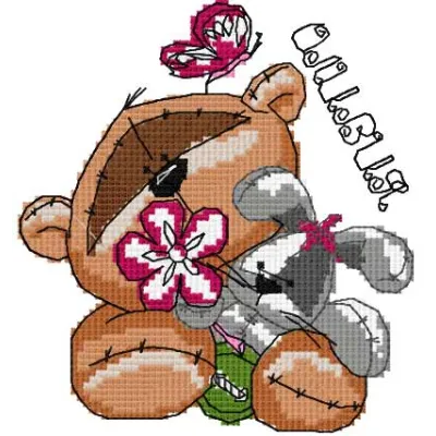 Teddy bear holding a bunny in a whimsical cartoon cross stitch embroidery design for creative projects.