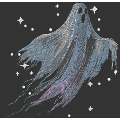 Preview of a Scary Ghost In Flight embroidery design, featuring detailed stitching for Halloween-themed projects.