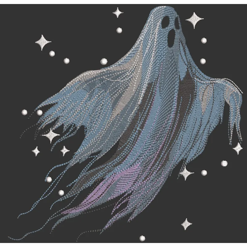 Preview of a Scary Ghost In Flight embroidery design, featuring detailed stitching for Halloween-themed projects.